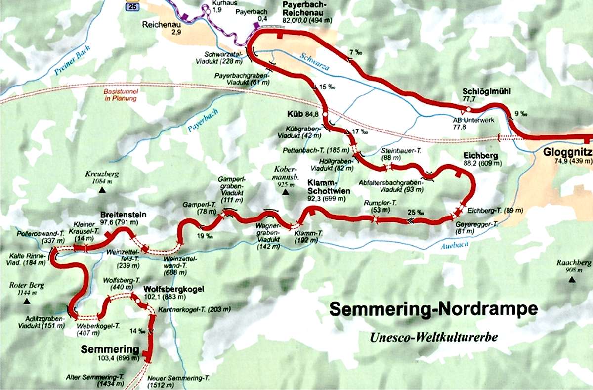 Mapa horsk eleznice Semmering